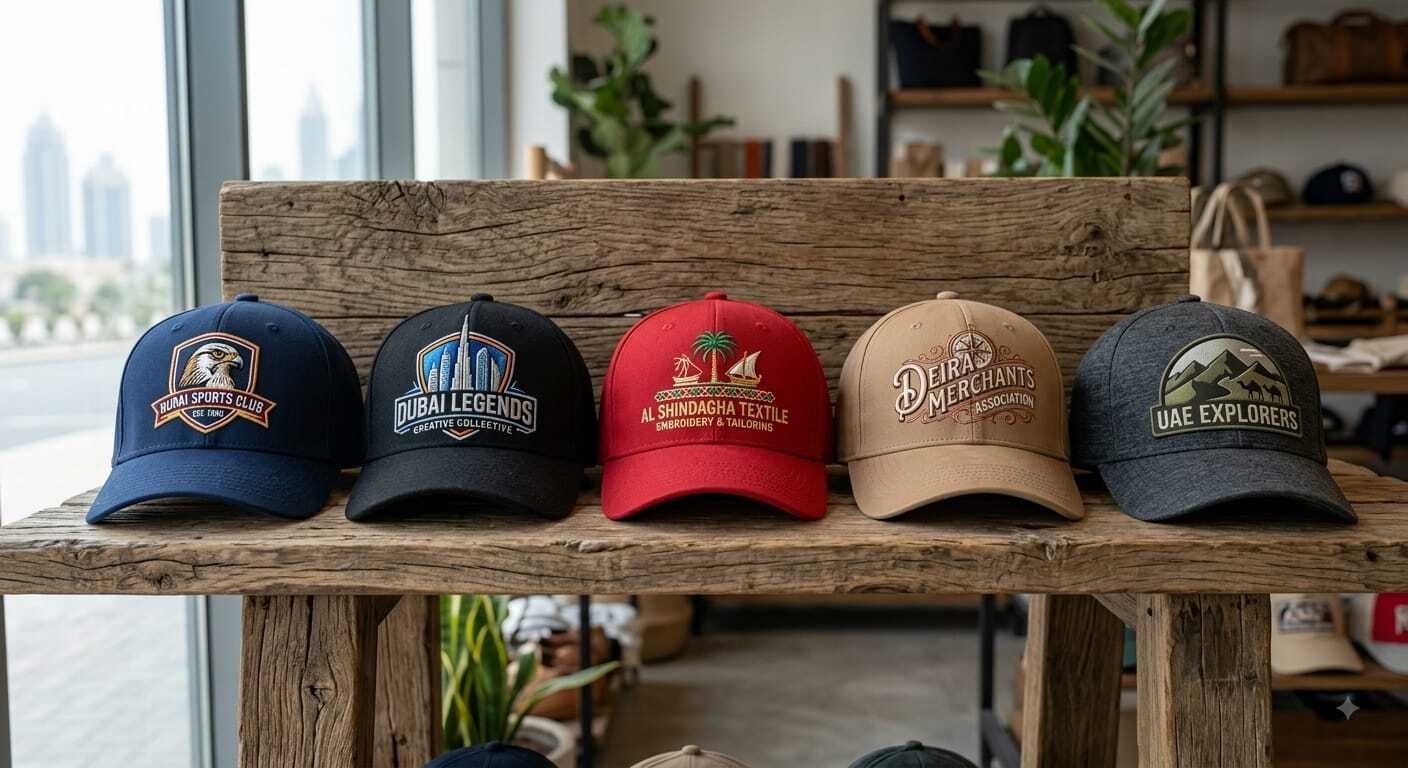 Finished embroidered caps and textile branding samples
