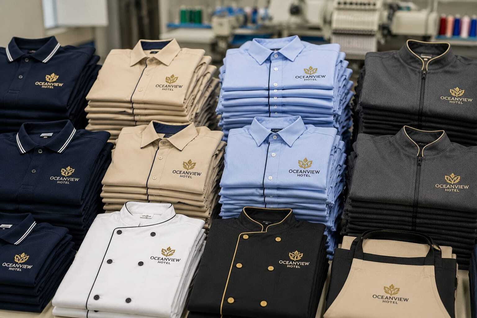Finished branded uniforms stacked for delivery
